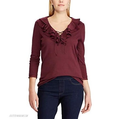 Chaps Women's Petite Ruffled Lace-up 3/4 Sleeve Top