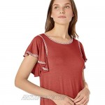 Max Studio Womens Heather Jersey Ruffle SLV Top with Emb Detail