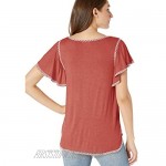 Max Studio Womens Heather Jersey Ruffle SLV Top with Emb Detail