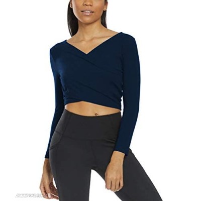 Mippo Women's Long Sleeve Crop Top Sexy Deep V Neck Slim Fitted Cross Wrap Shirt