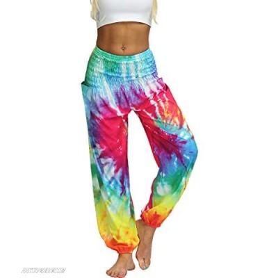 Lu's Chic Women's Boho Pants Harem Smocked Waist Print Hippie Yoga Casual Beach Pants