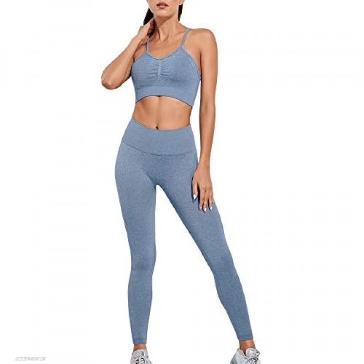 Women's Workout Sets 2 Pieces High Waist Yoga Leggings with Strappy Sports Bra Gym Athletic Top and Bottom Clothing