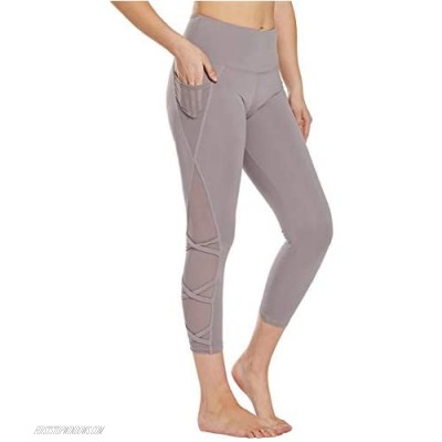 Blooming Jelly Womens High Waisted Yoga Pants Mesh Criss Cross 7/8 Capri Leggings with Pocket