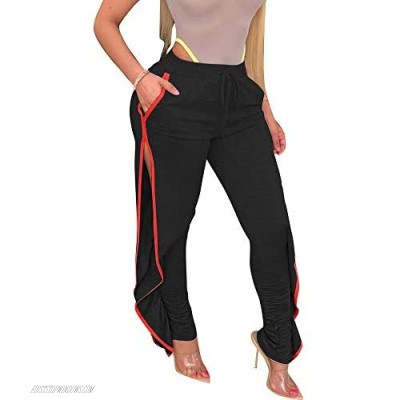 GLIENST Womens Side Split Ruffle Long Pants Stripe High Waist Drawstring Sweatpants Workout Leggings with Pockets