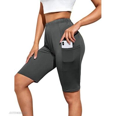 MakeMeChic Women's Solid Biker Shorts with Pocket Short Stitch Yoga Pants Leggings
