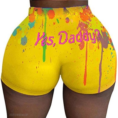Sexy Women High Waist Shorts Letters Print Clubwear Workout Gym Sports Hot Pants Stretch Slim Fit Bottoms(Daddy-Yellow XXL)
