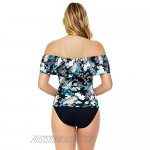 Penbrooke Women's Swimwear Secret Garden Off Shoulder Ruffle Soft Cup Tummy Control Tankini Top