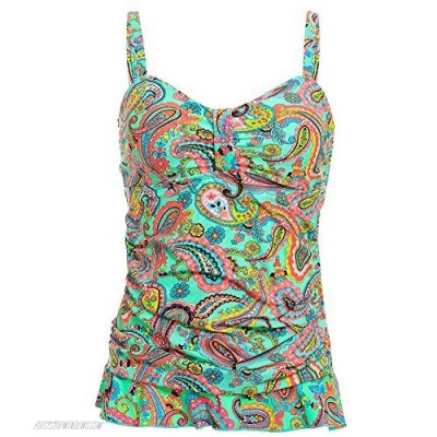 Women's 50's Retro Ruched Tankini Swimsuit Top with Ruffle Hem Tummy Control