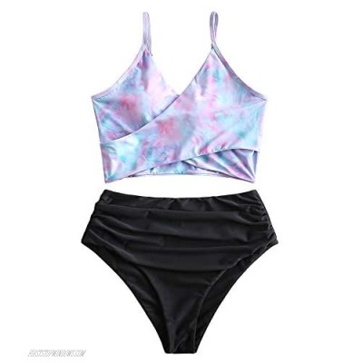 ZAFUL Tie Dye Knot Swimwear Ruched High Waisted Tankini Tank Top Swimsuit Rainbow Bikini
