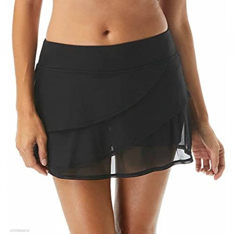 Coco Reef Mesh Layer Swim Skort — Flirty Tiered Swim Skirt Attached Boy Shorts