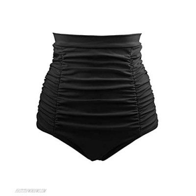 DANIFY Plus Size Black High Waisted Bikini Bottom Tummy Control Ruched Swimsuit Bottoms for Women