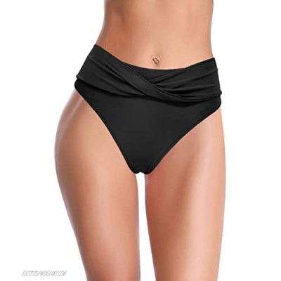 SHEKINI Women's Twist Front Bikini Bottom High Cut Waisted Swim Bottoms