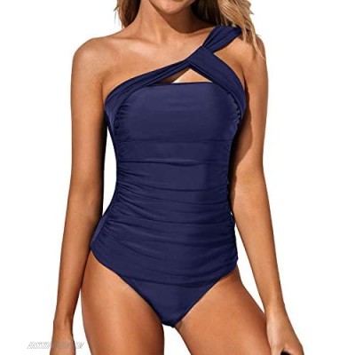 Tempt Me Women Tankini Ruched One Shoulder Tummy Control Top with Shorts Two Piece Swimsuits