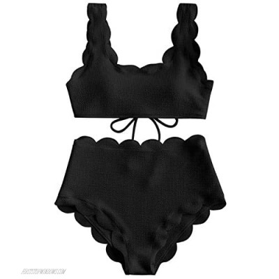Women's Scalloped High Waisted Bikini Vintage Full Coverage Bottom Bathing Suit Swimwear