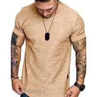 Mens Short Sleeve Muscle Gym Workout Athletic Slim Fit Basic T-Shirts Summer Soft Tops Khaki